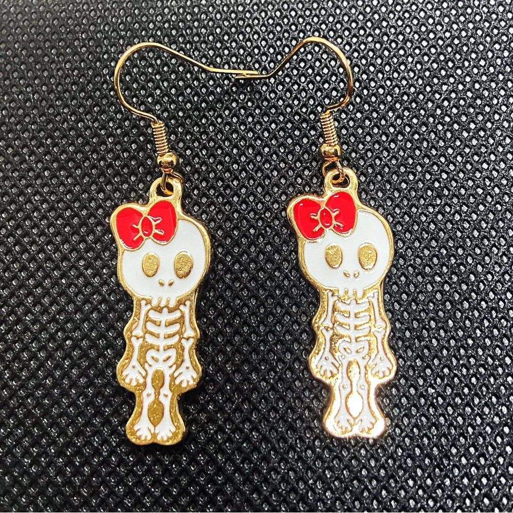 Earrings Skeleton Skull Bow Kawaii Cute Halloween Witchy Jewelry Whimsy Goth - Picture 2 of 4